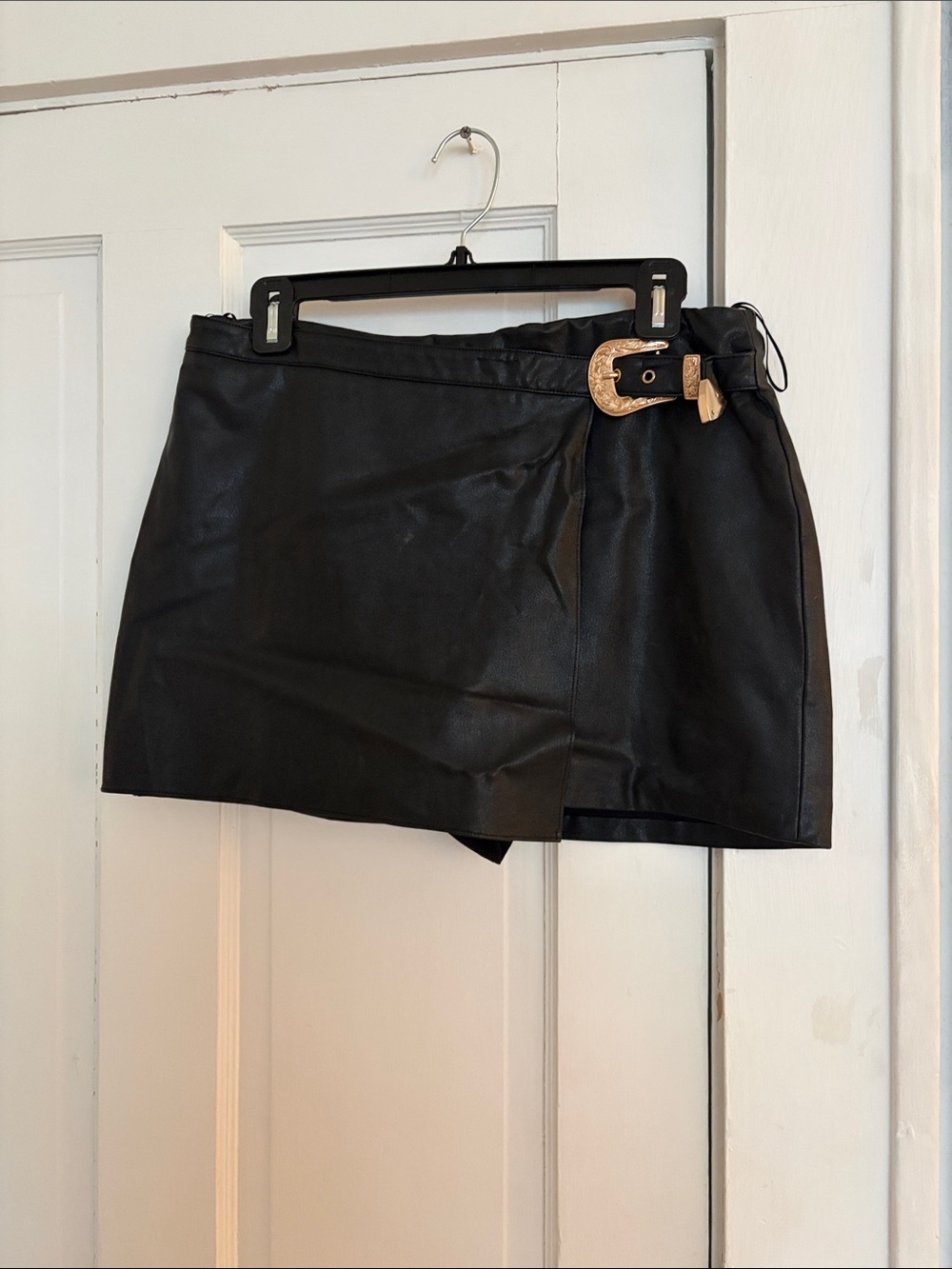 Amanda Uprichard Black Faux Leather Mini Skort with Gold Buckle